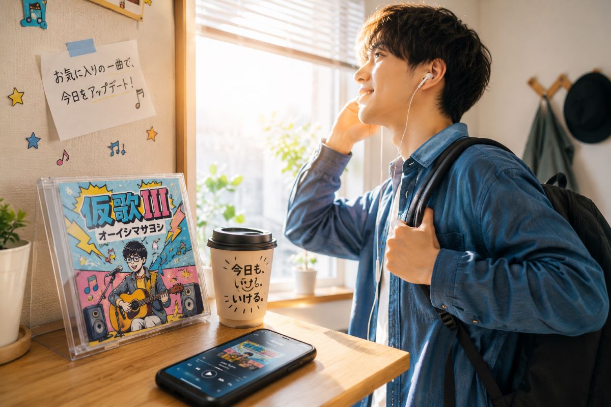 お気に入りの音楽を聴きながら笑顔で出発準備をする朝の様子とアルバムジャケット