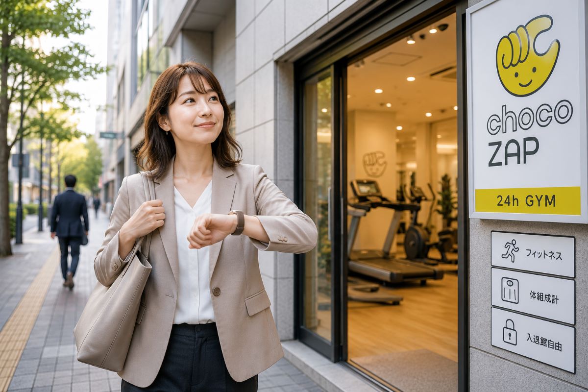 仕事帰りの女性が腕時計を見ながらジムに立ち寄り、無理なく続ける運動習慣をイメージした風景