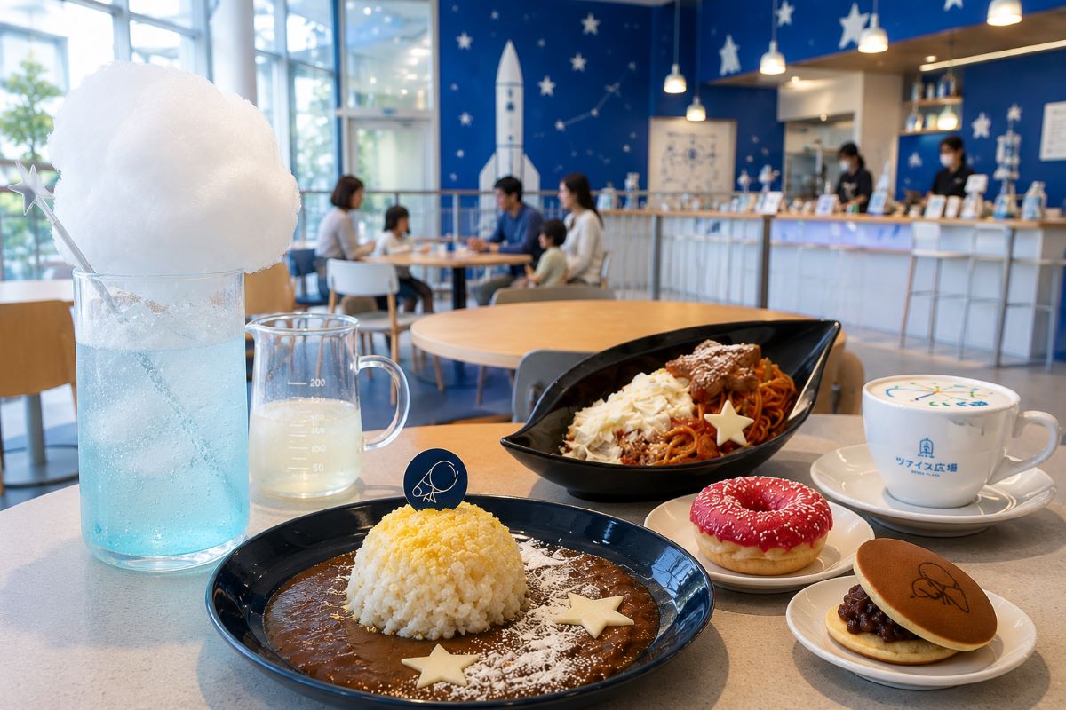 大阪市立科学館のカフェをイメージした店内で、わたあめソーダや宇宙をテーマにしたメニューが並ぶ様子