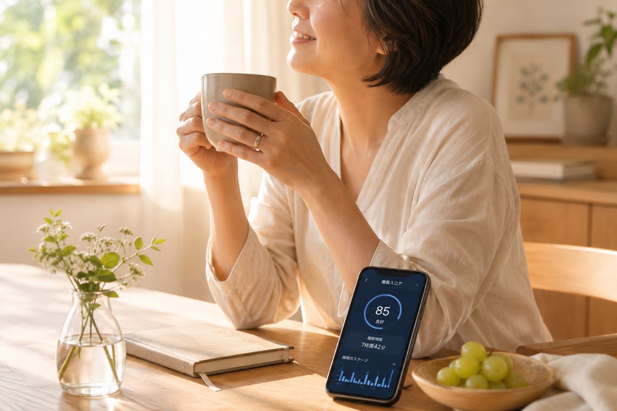 朝の光が差し込む部屋でコーヒーを飲みながら、睡眠データを確認する女性の穏やかな朝時間
