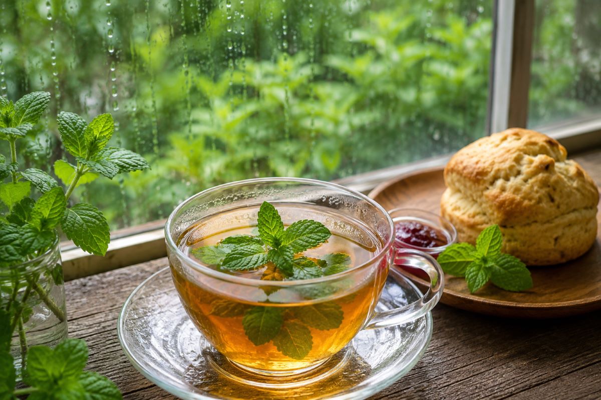 雨に濡れた庭を眺めながら、ミントを浮かべた紅茶とスコーンでくつろぐおうちカフェの時間