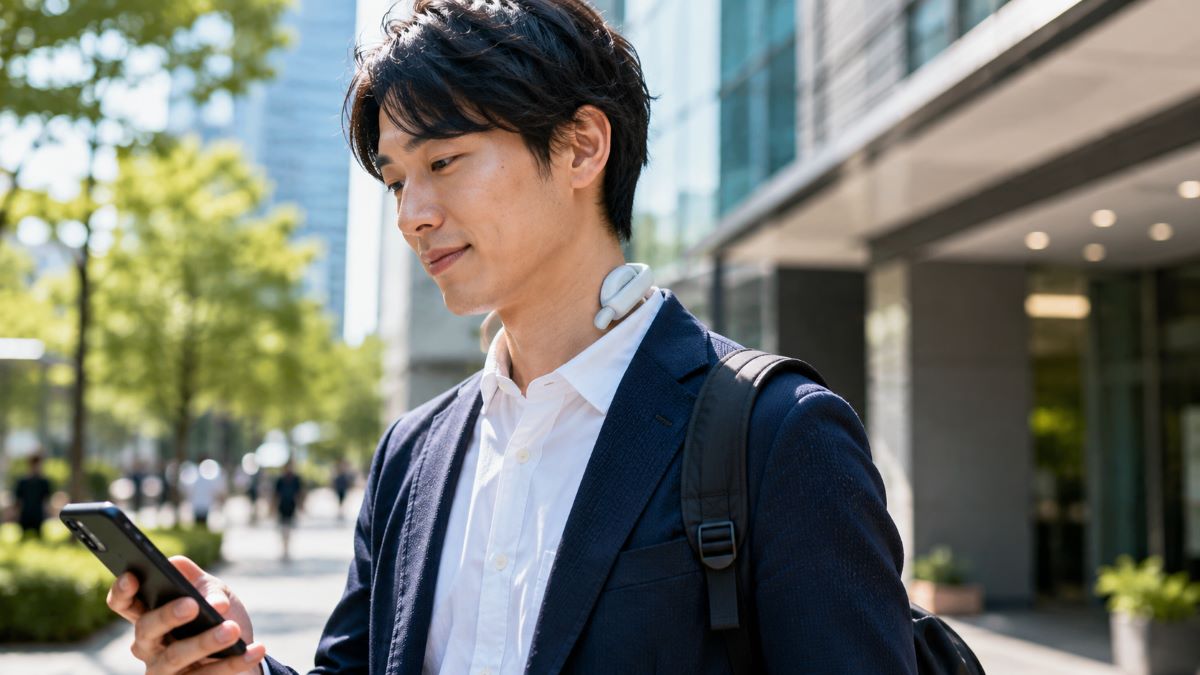 首元のウェアラブル冷却デバイスを装着し、夏の街を快適そうに通勤するビジネスパーソンの様子