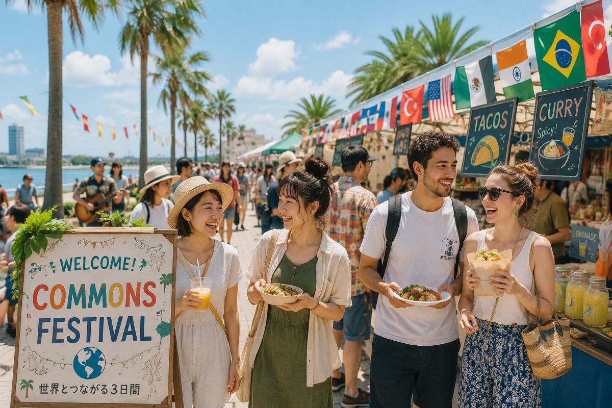 海辺の公園で世界各国のフードを楽しみながら交流する人々でにぎわうフェスティバル会場