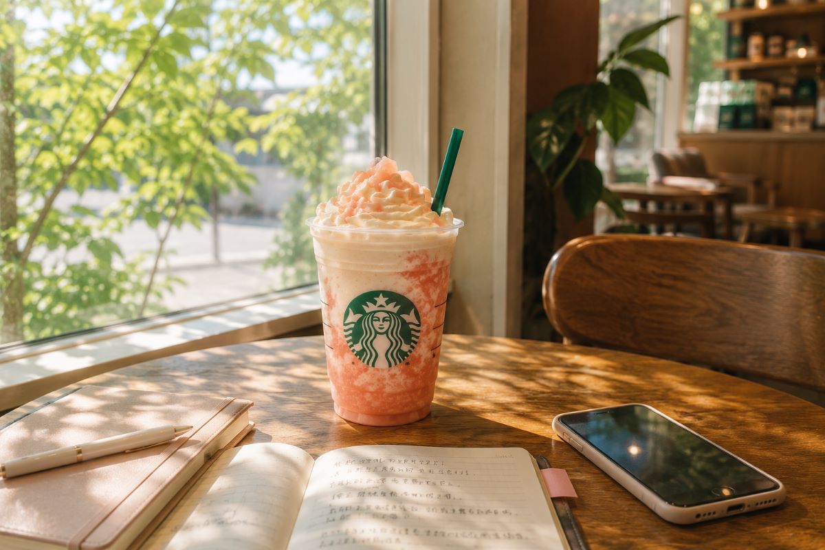 木漏れ日が差し込むカフェの窓際で、ピーチドリンクと手帳を前に静かな午後を過ごす空間