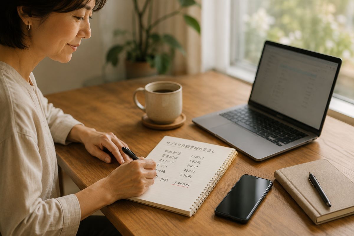 ノートにサブスク料金を書き出しながら、暮らしに合ったサービスを見直している女性の様子