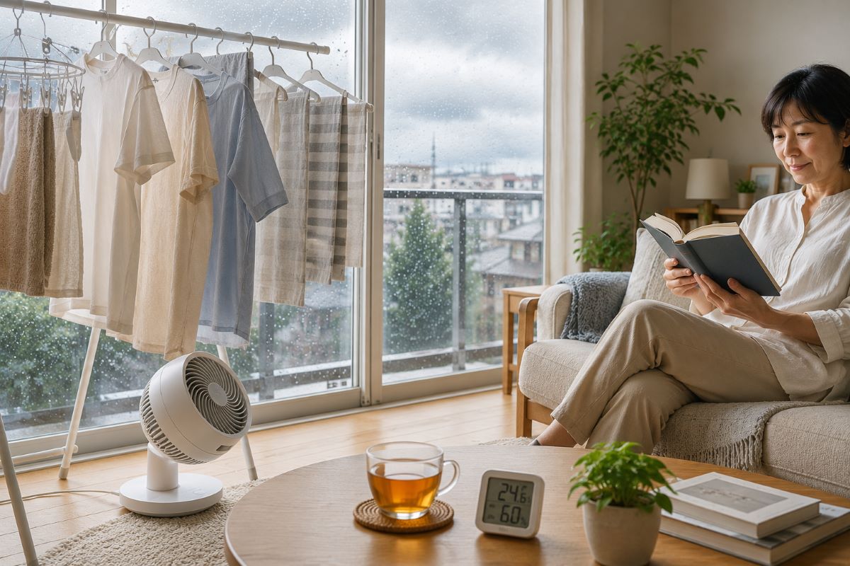 梅雨空の窓辺で室内干しをしながらサーキュレーターを使い、読書を楽しむ女性のいるリビング