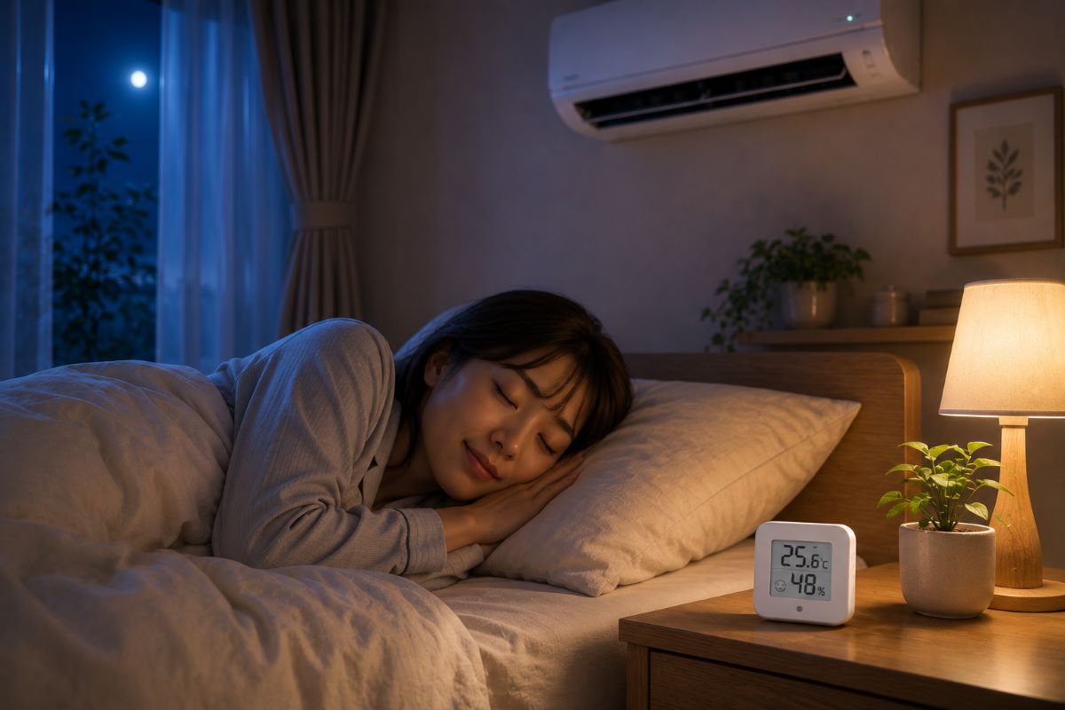 夜の寝室でエアコンと温湿度センサーを活用し、快適な室温の中で穏やかに眠る女性の様子