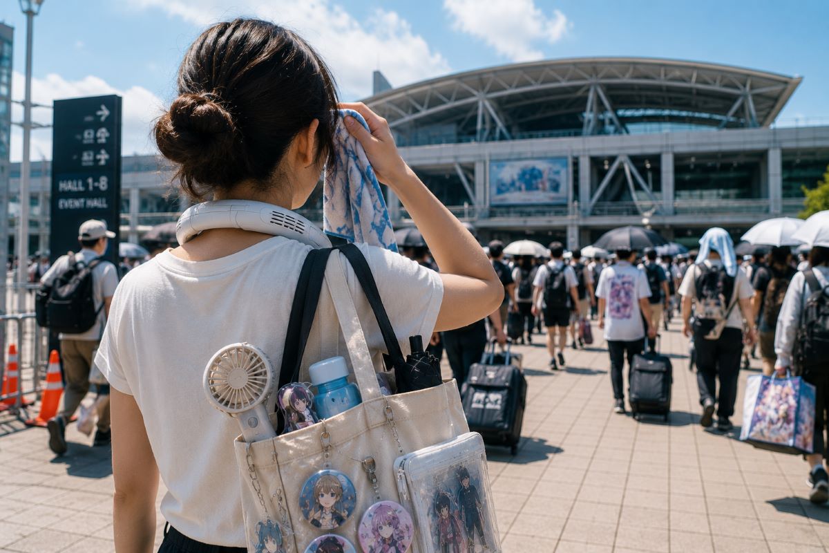夏の大型イベント会場へ向かう参加者がネッククーラーや携帯ファンを身につけ、暑さ対策をしながら歩く様子
