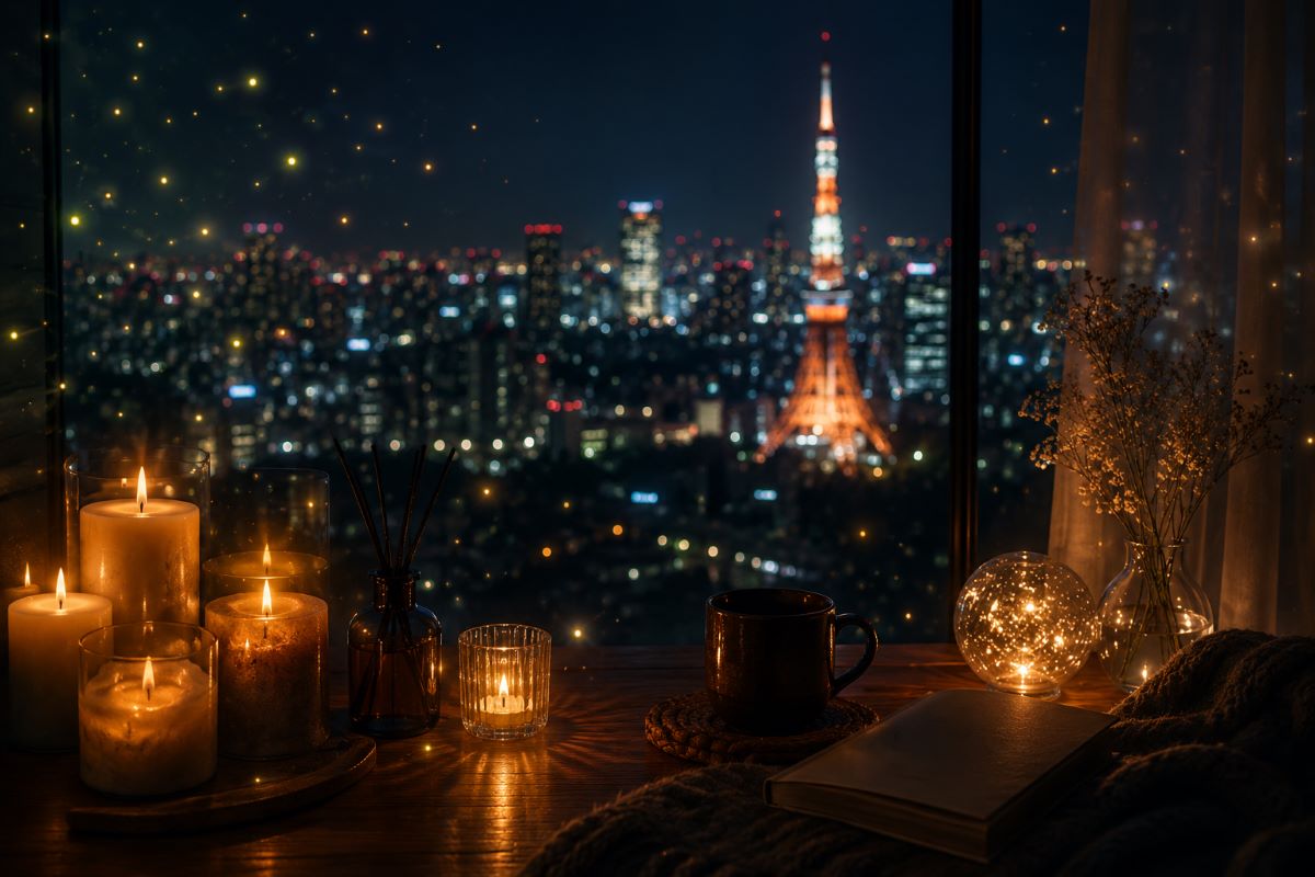 キャンドルの柔らかな灯りと東京の夜景が窓越しに広がり、静かな夏の夜を演出している様子