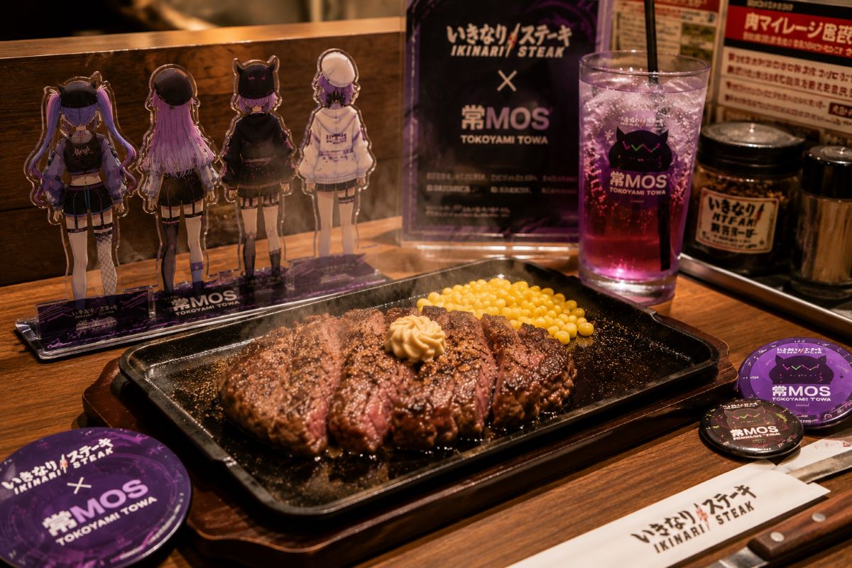湯気の立つステーキと紫色のコラボドリンク、推し活グッズを並べた食事風景