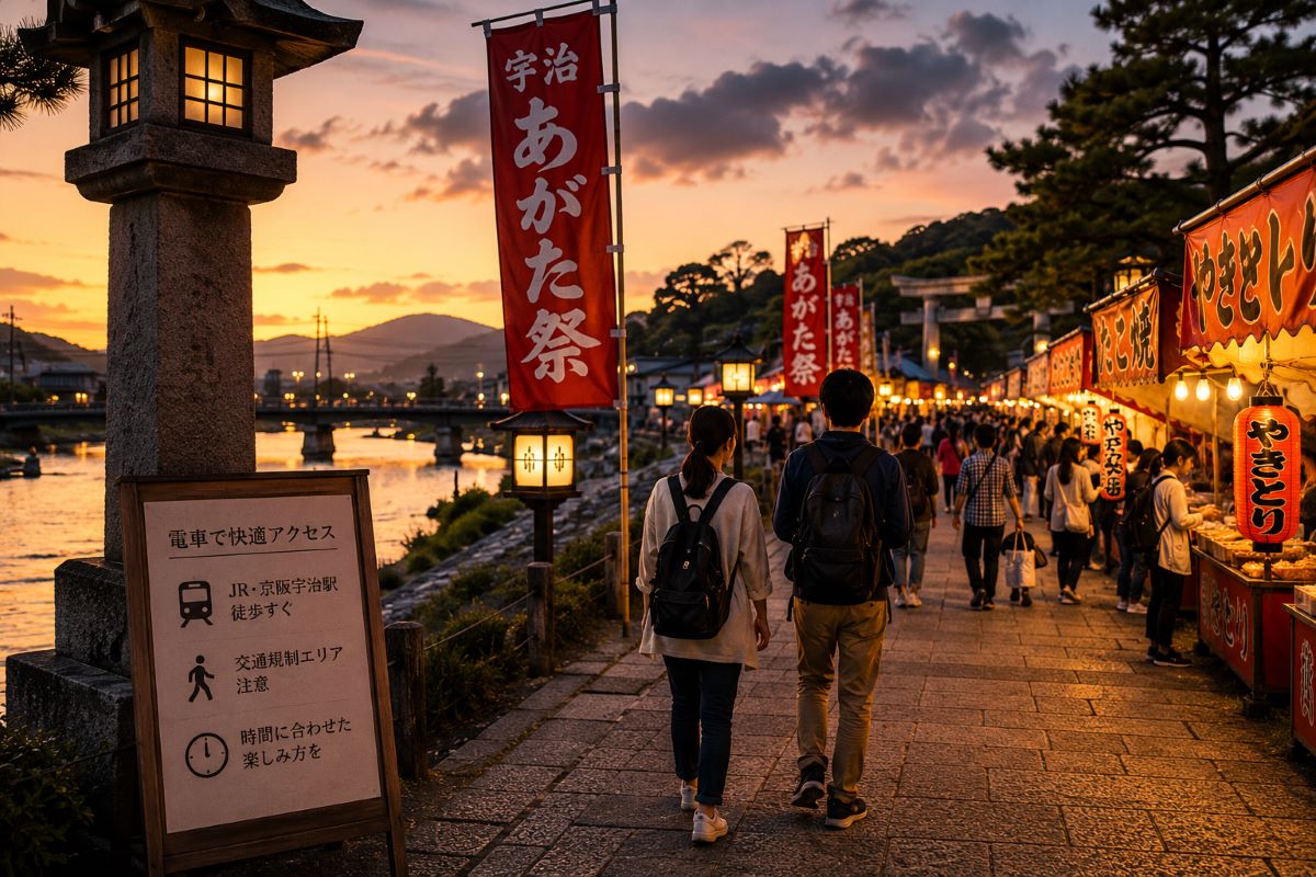 夕暮れの宇治川沿いで屋台の灯りを眺めながら、祭り会場へ向かう人々がゆったりと歩く様子