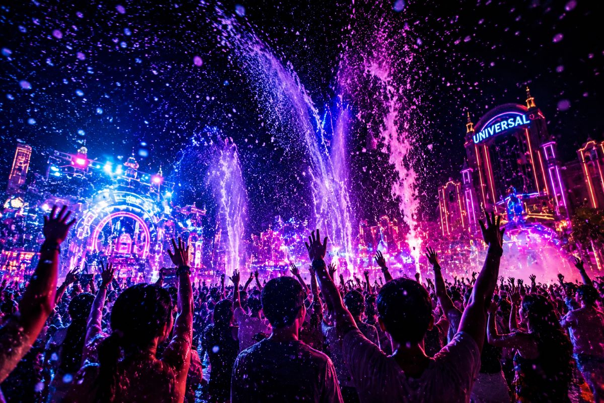 ネオンに照らされた夜の会場で、水しぶきと泡に包まれながら多くの人が夏の熱狂を楽しむ様子