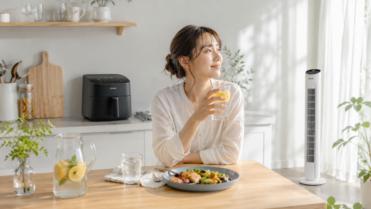 ノンフライヤーとタワーファンを取り入れた明るいキッチンで、冷たいレモン水を飲みながら快適な時間を過ごす様子