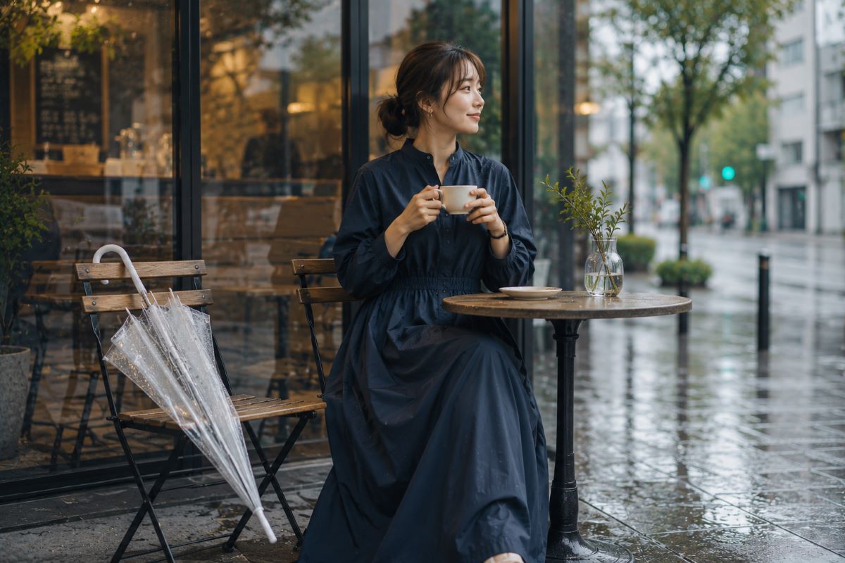 雨上がりのカフェでコーヒーを楽しむ女性と透明傘が、撥水ワンピースの快適な暮らしを表現している