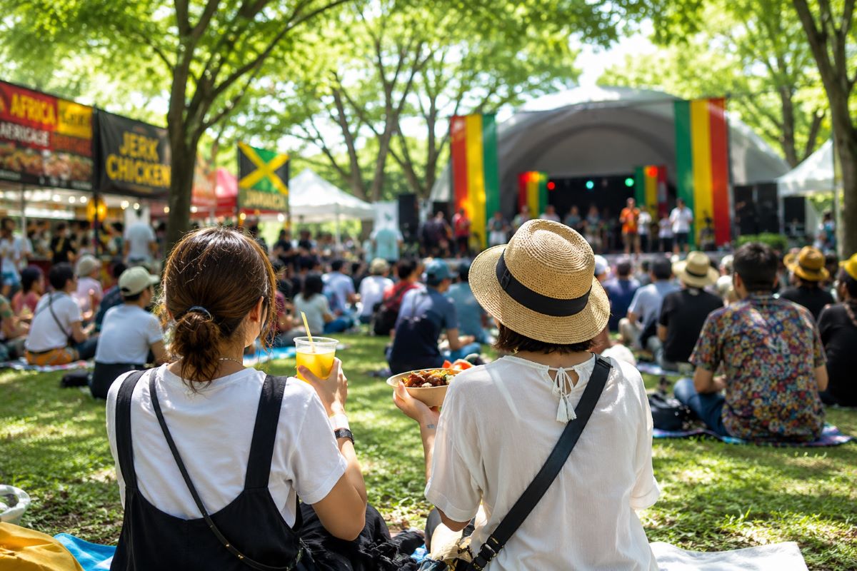 代々木公園の芝生で音楽ステージを眺めながら異国グルメを楽しむ来場者たちの様子
