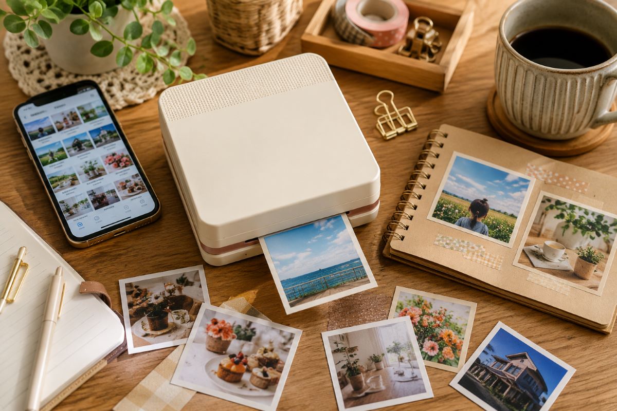 フォトプリンターで印刷した写真を手帳にまとめながら暮らしの思い出を楽しむ様子