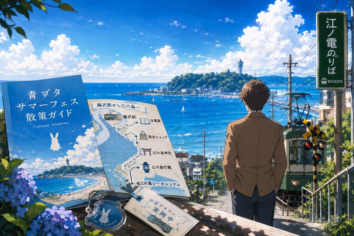 藤沢駅から江の島までの散策ルートマップと、海を眺める学生の後ろ姿で青ブタサマーフェスの巡礼を表現したイメージ