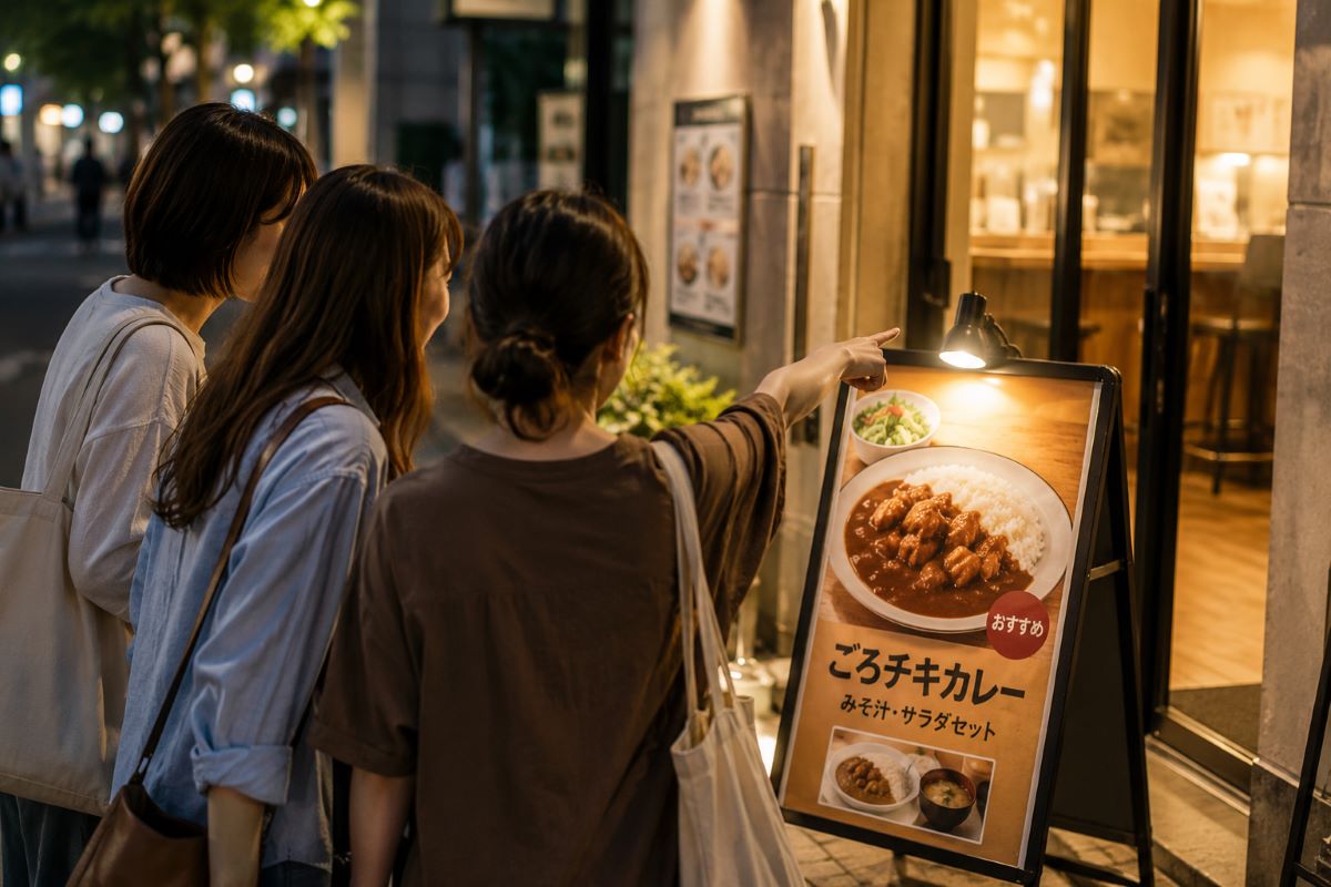 仕事帰りの仲間が飲食店のカレーのメニュー看板を見ながら夕食を相談している夜の街の様子