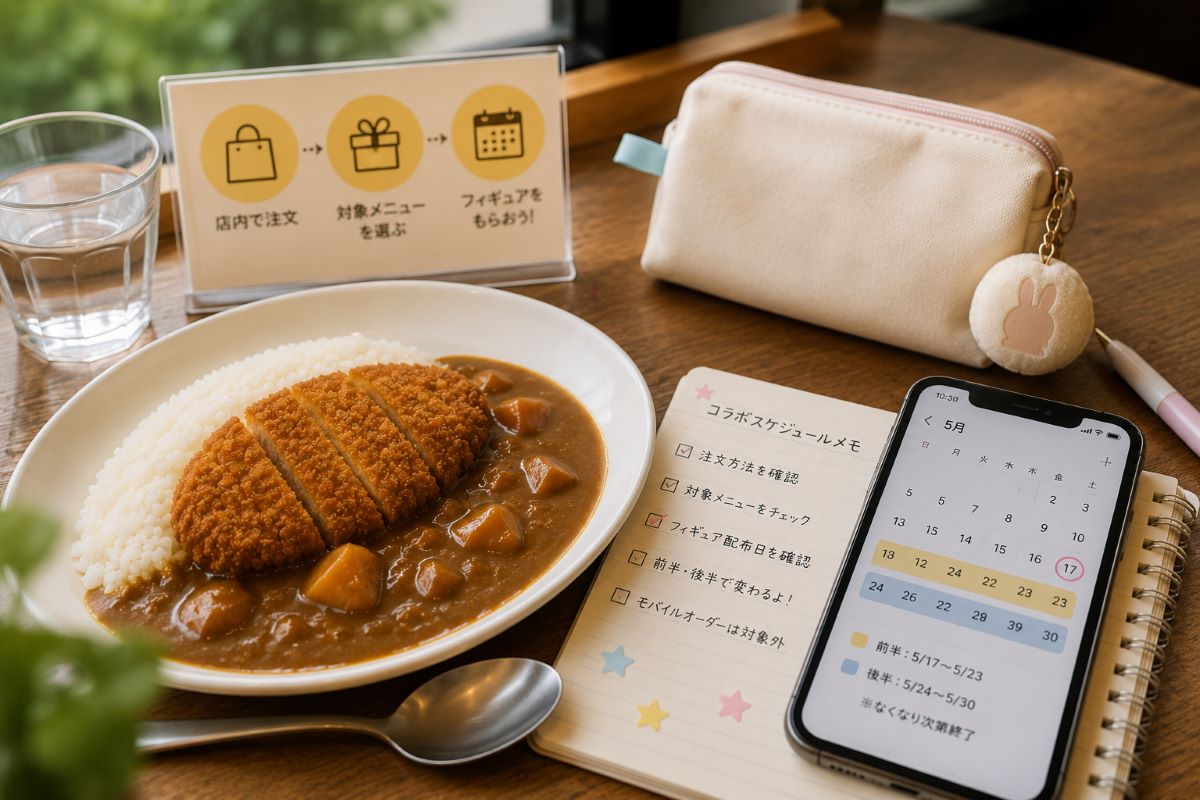 ココイチのカレーとスマホの予定表を見ながらコラボの準備を進める様子