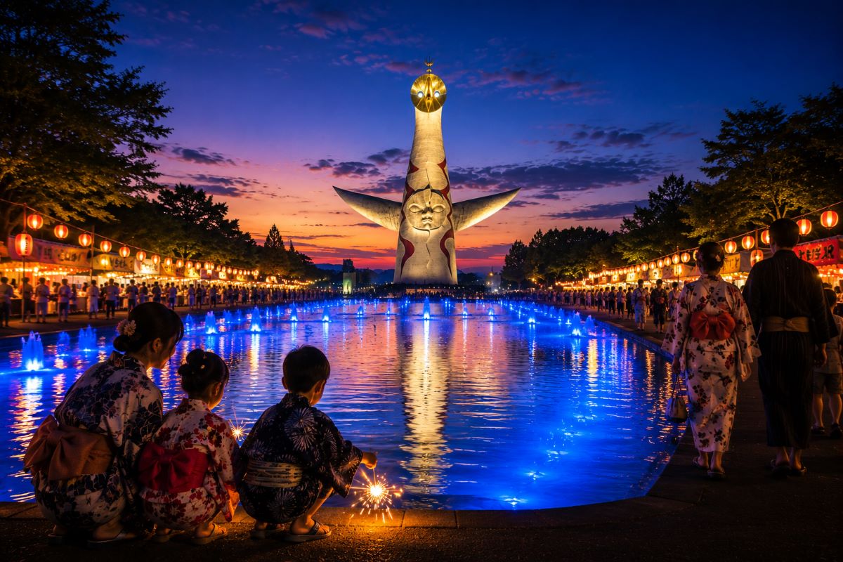 万博記念公園の夢の池が青くライトアップされ、太陽の塔を眺めながら親子が手持ち花火を楽しむ夏祭りの夕景