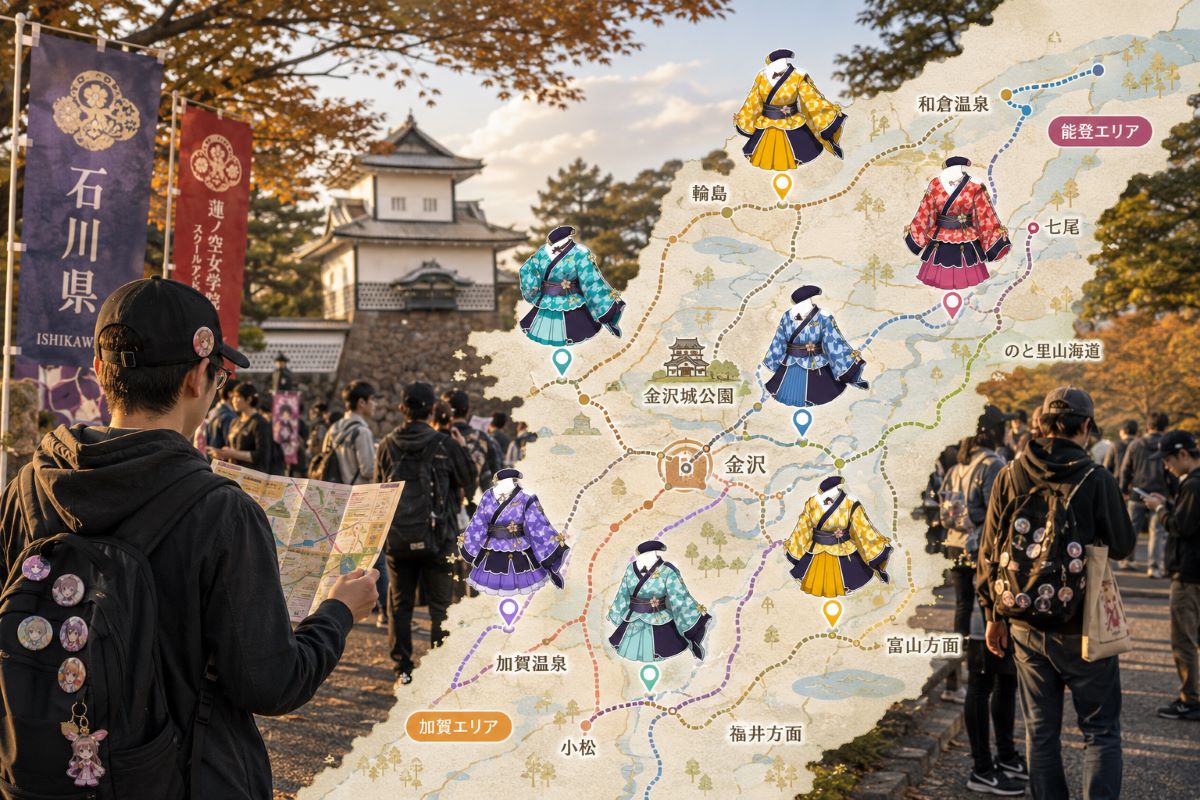 石川県の巡礼ルートマップを見ながら、金沢城公園を歩くファンの後ろ姿を描いた旅のイメージ