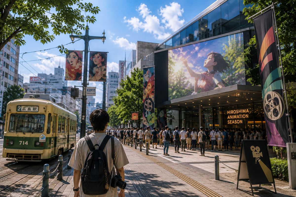 夏の広島で路面電車を眺めながら、映画祭会場へ向かう来場者の後ろ姿を描いたイメージ。