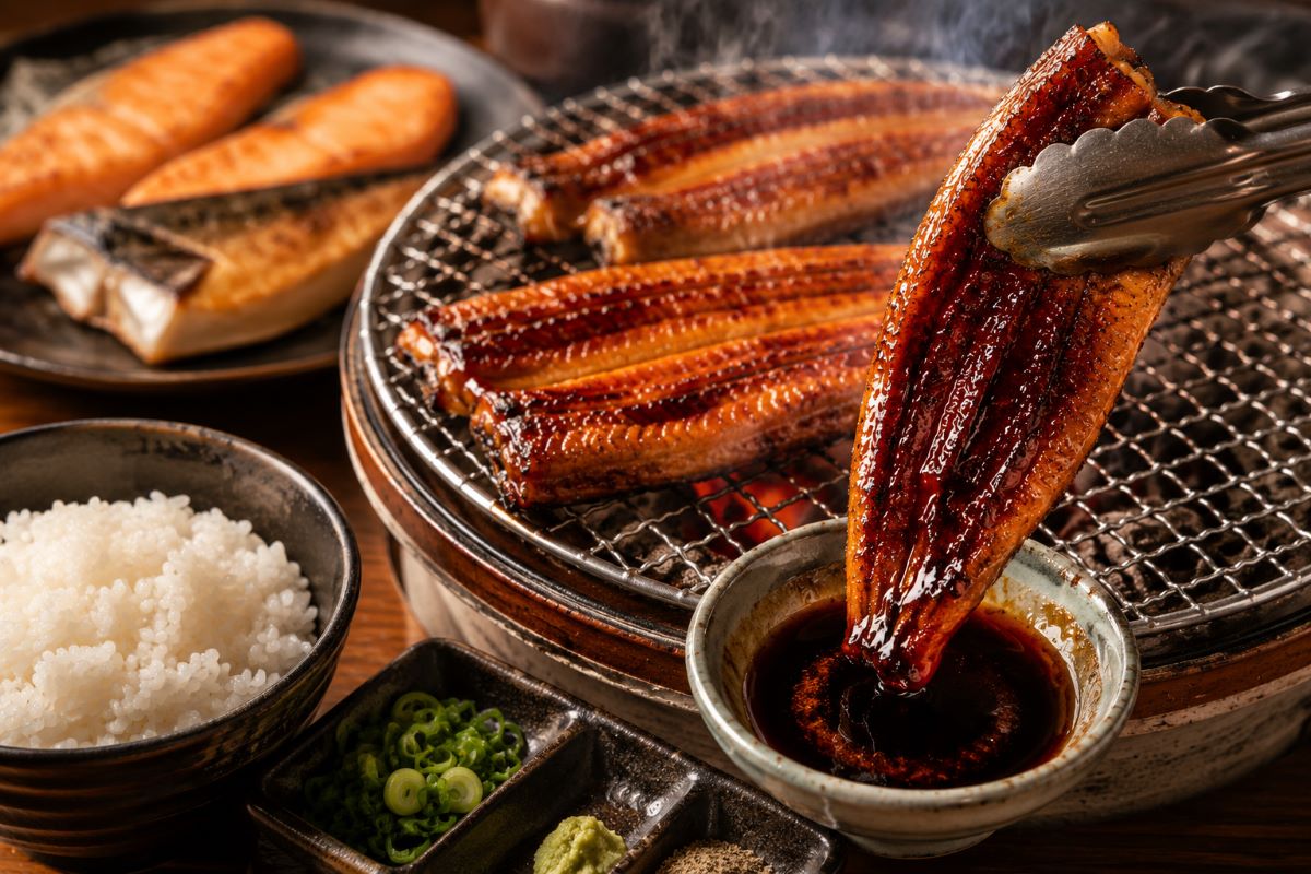 七輪で焼いたうなぎをタレにつけながら楽しむ、セルフスタイルのうなぎ食べ放題をイメージした料理写真