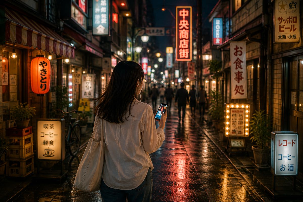 ネオンが灯るレトロな商店街をイヤホンで音楽を聴きながら歩く人物の後ろ姿を描いたアイキャッチ画像