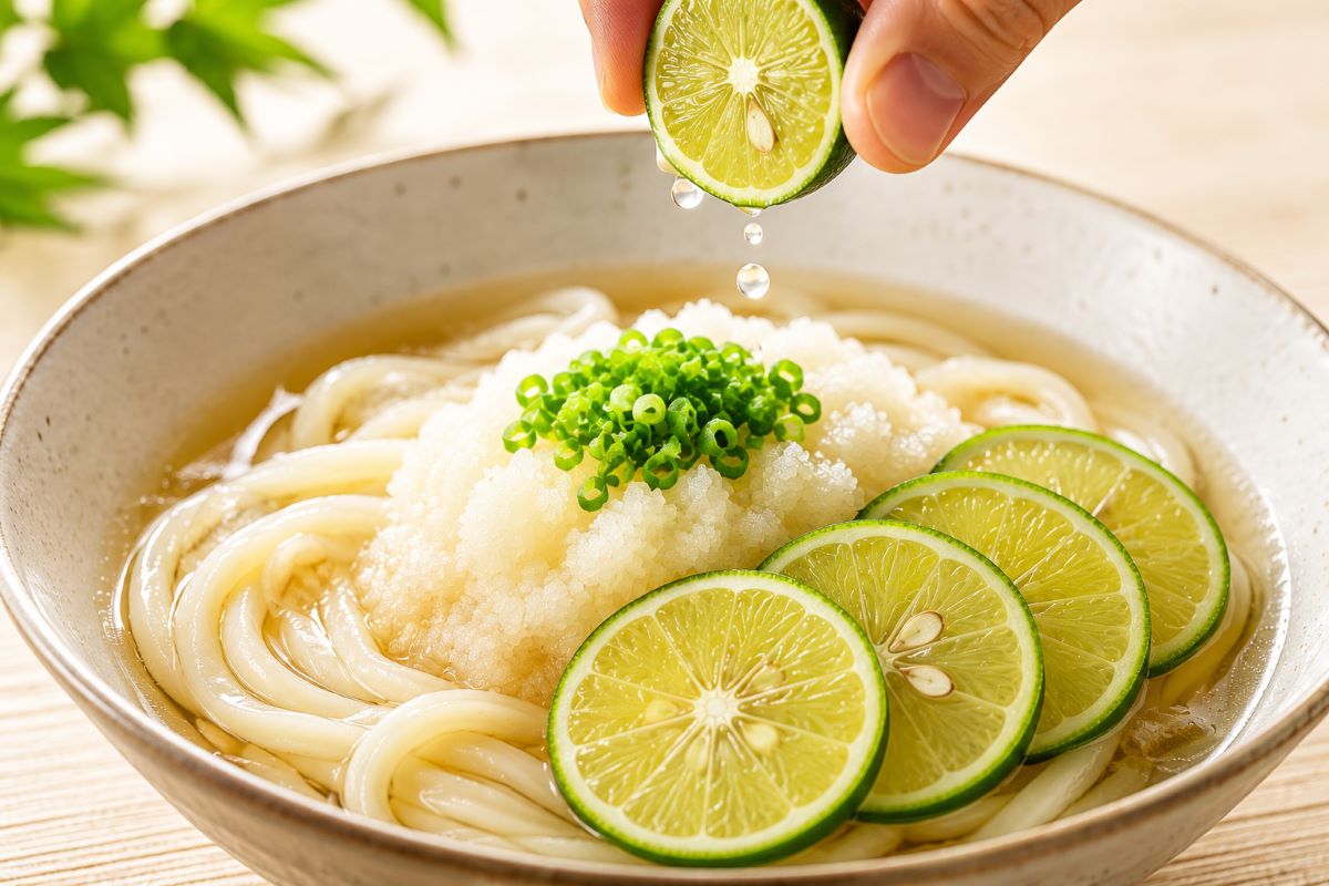徳島県産すだちを搾った冷たいおろしうどんを爽やかに表現した、夏らしい一杯のイメージ