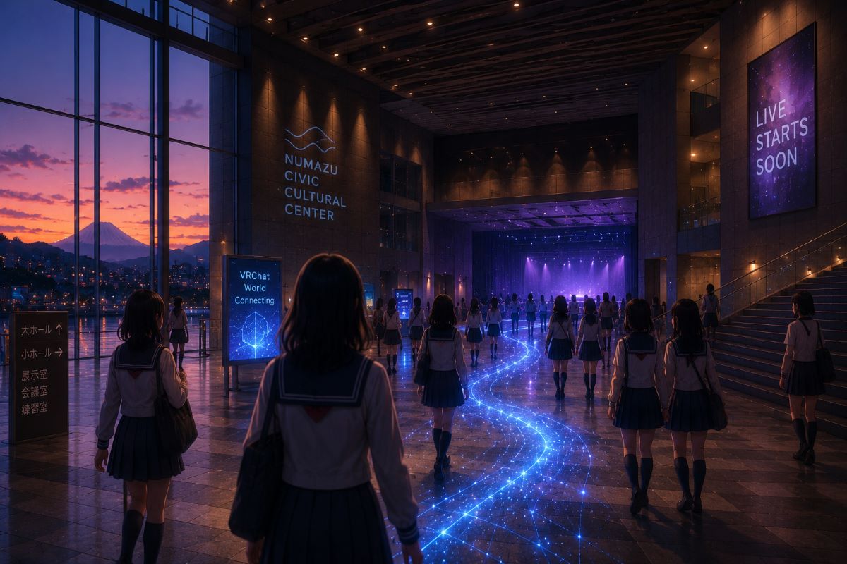 夕暮れの文化ホールに制服姿の来場者が集まり、青いデジタルの光がVR空間へ続く様子を描いたアイキャッチ画像