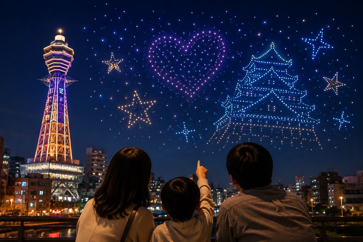通天閣を望む新世界で、親子がドローンショーを見上げて大阪の夜を楽しむ様子