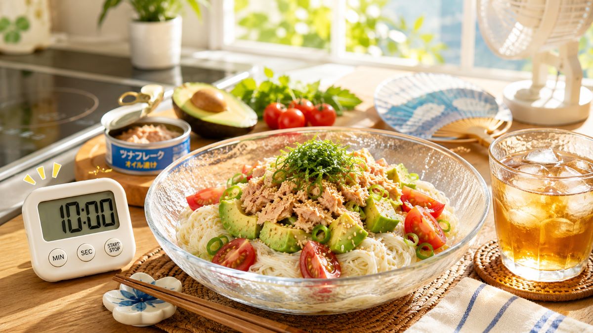 ほとんど火を使わず10分で作れるアボカドツナそうめんを、夏の日差しが差し込むキッチンで涼しげに盛り付けた様子。