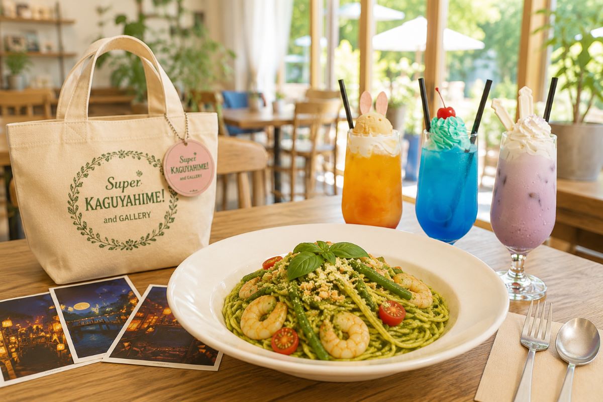 ジェノベーゼパスタと3種類のコラボドリンクが並ぶ、明るい店内のコラボカフェをイメージした様子