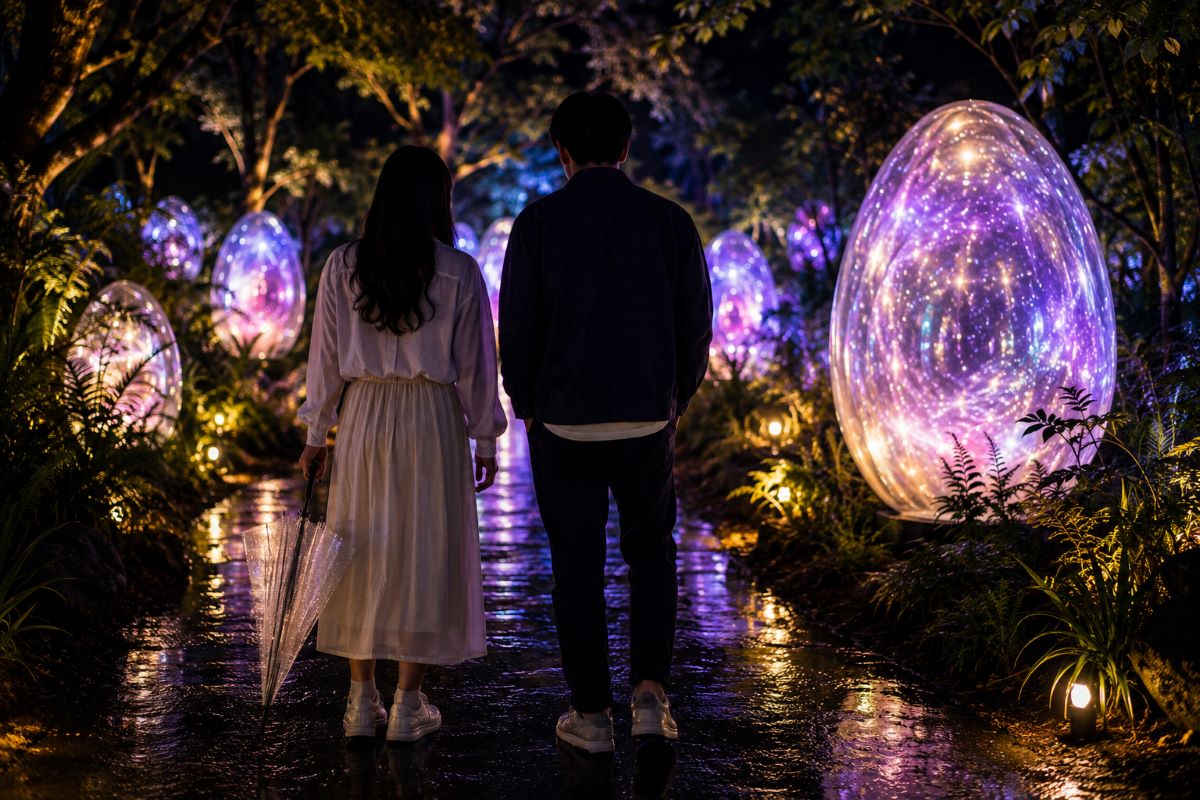 夜の幻想的な光に包まれた植物園を、スニーカー姿で歩く二人がチームラボ大阪を楽しむ様子