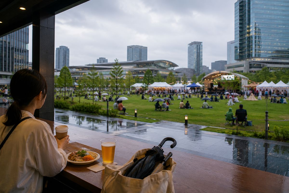 雨のうめきた公園で屋根のある場所からフェス会場を眺める様子を描いたイメージ