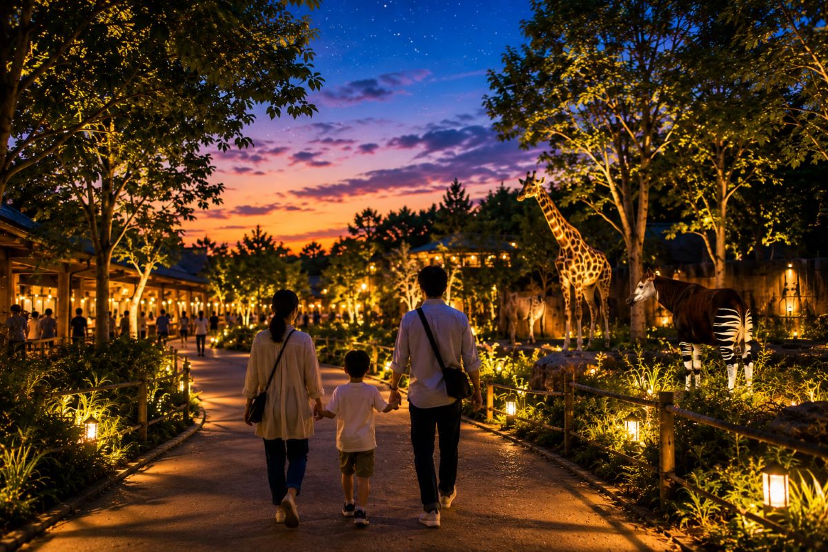 夕暮れにライトアップされた動物園で、家族が夜の園内を散策しながら特別な時間を楽しむ様子