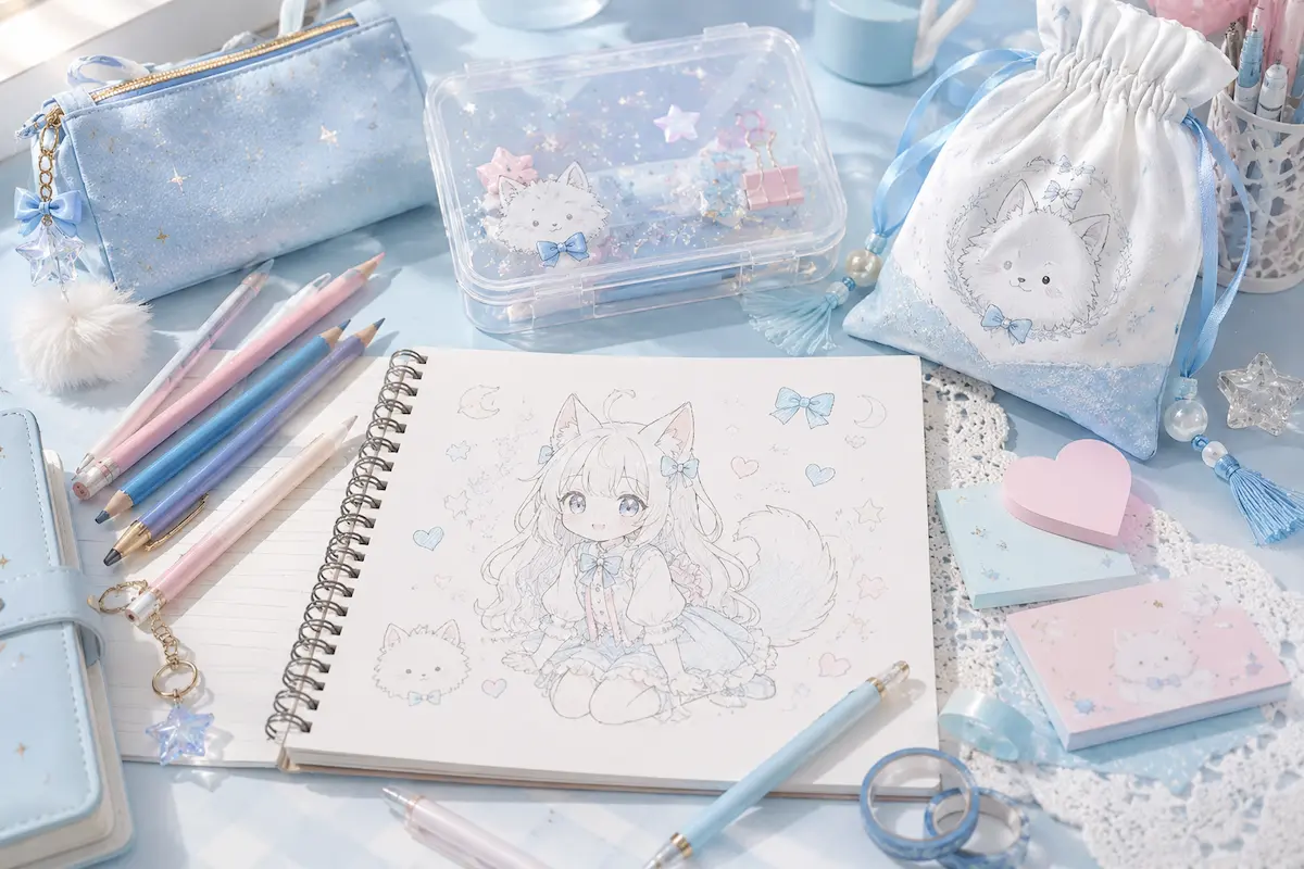 淡いブルーのデスクに可愛い文具や小物、イラスト入りスケッチブックを並べた様子