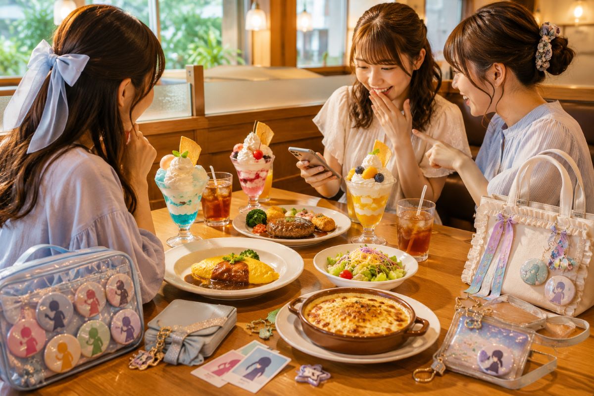 ファミレスで料理やパフェを囲み、推し活グッズとスマホを手にコラボを楽しむ女性たち