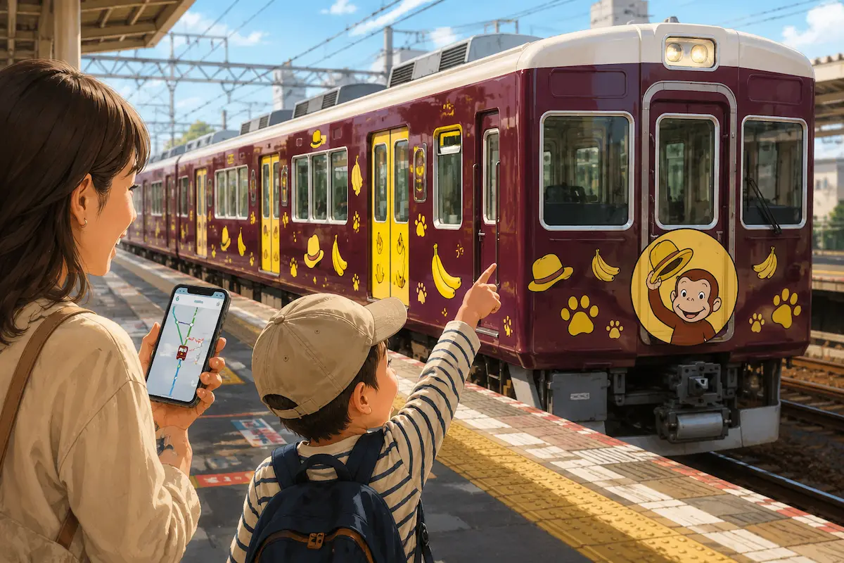 スマホを手にした親子がホームでマルーン色のラッピング列車を見つけて喜ぶ様子
