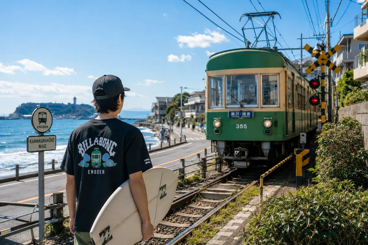 湘南の海と江ノ電を背景にコラボ風Tシャツ姿でサーフボードを持つ男性
