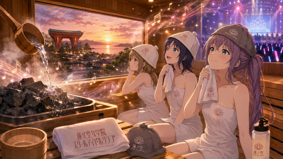 石川の夕景を望むサウナで音楽とともにライブへの期待を高める少女たち