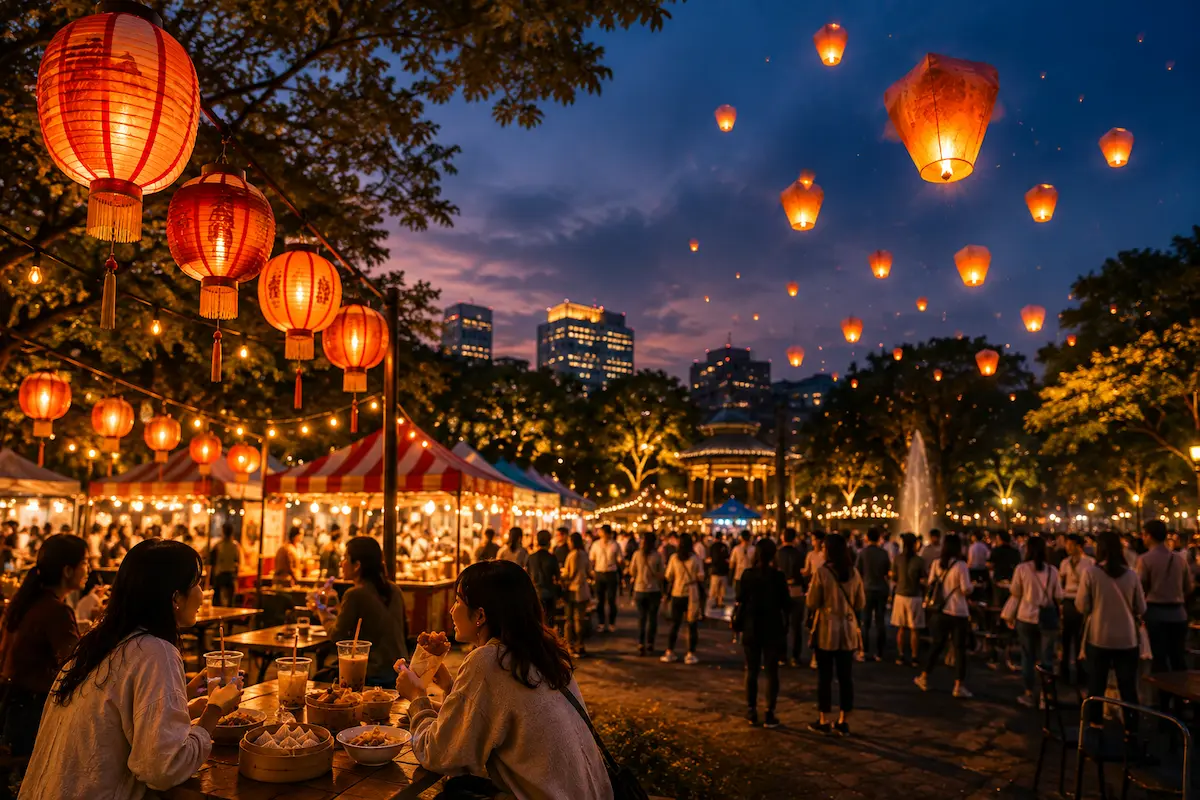 夕暮れの公園で台湾屋台とスカイランタンを楽しむ人々でにぎわうフェス会場