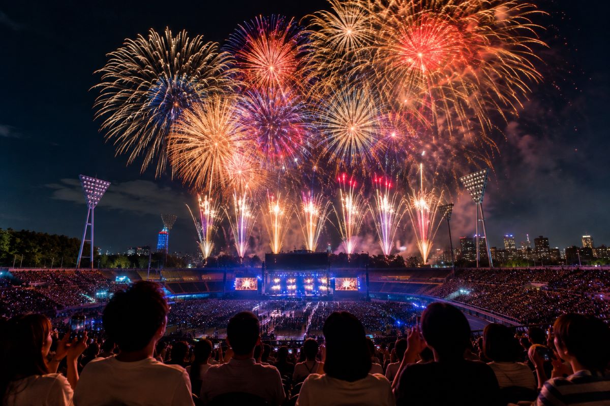観客席から色鮮やかな花火とライトアップされたステージを見上げる神宮外苑の夏の夜