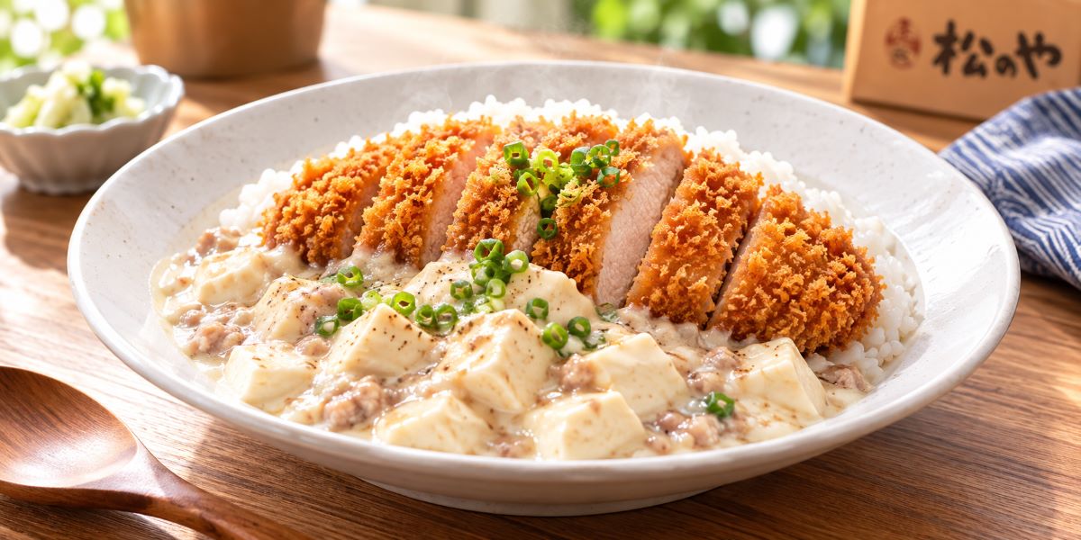 白麻婆豆腐とロースかつを盛り付けた一皿が、いつもの食卓に新しい楽しみを感じさせる様子