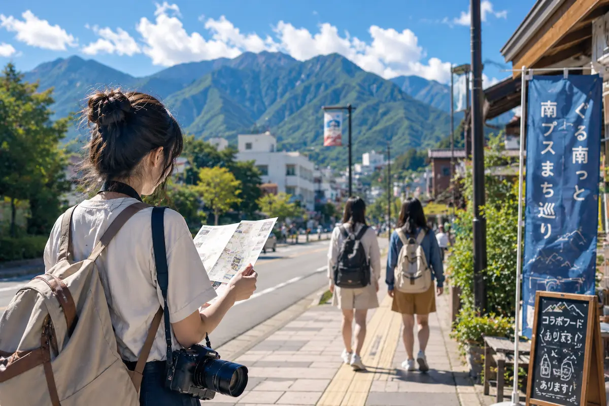 カメラと地図を手に南アルプスの山並みを望む街を巡る女性たち