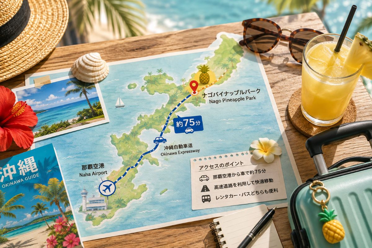 沖縄本島の地図を見ながら那覇空港からパイナップルパークへの旅行計画を立てるイメージ