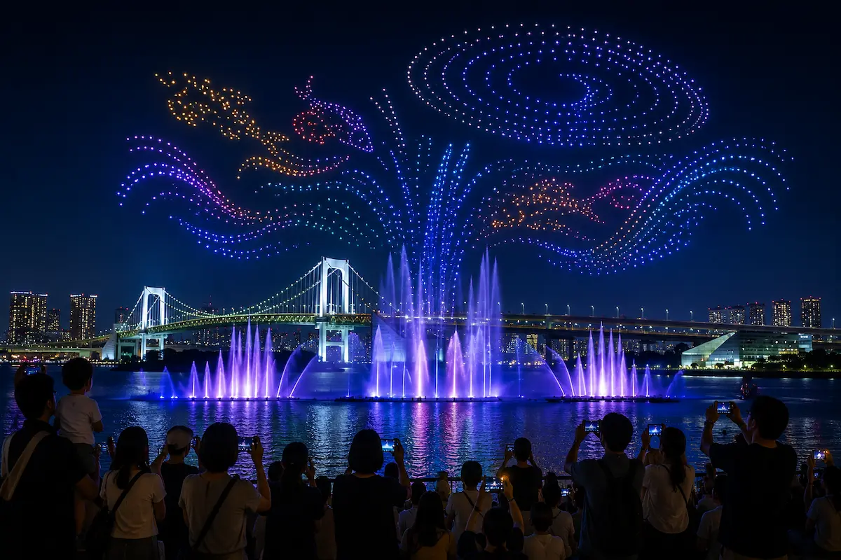 お台場の夜空を彩るドローンと噴水の光、レインボーブリッジを眺める観客