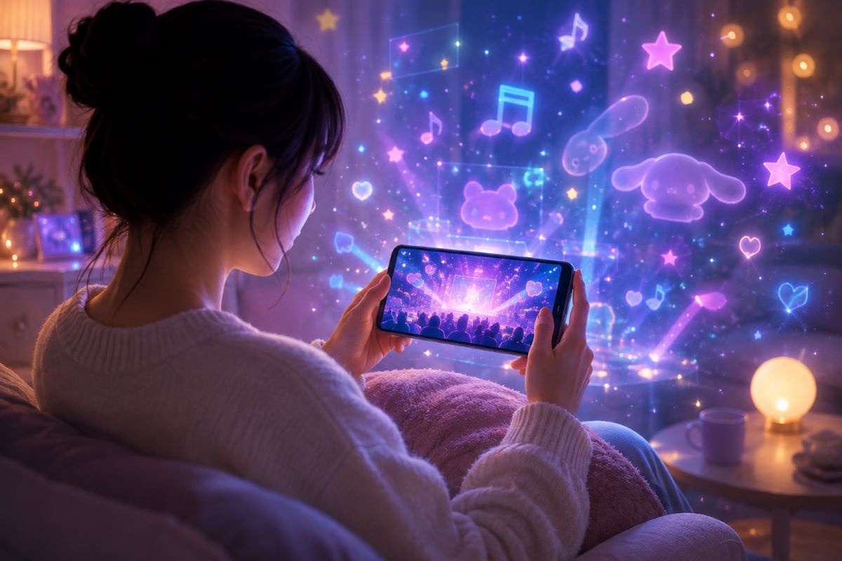 自宅でスマートフォンを使い、幻想的なメタバース音楽ライブを楽しむ様子を表現したイメージ