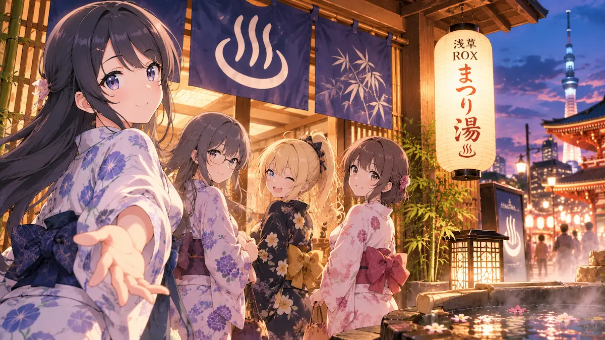 浅草の街並みと温浴施設を背景に、浴衣姿の女性を描いた青ブタ×まつり湯コラボのイメージ