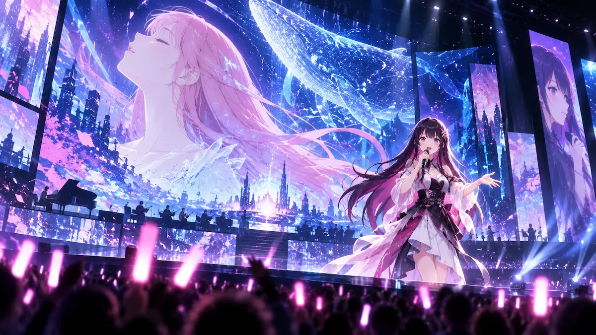 幻想的な仮想空間を背景に歌姫とバーチャルシンガーが共演するライブステージ